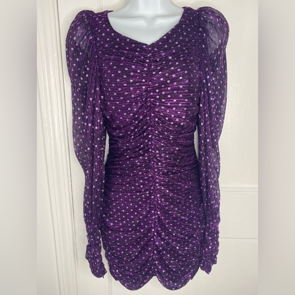 For Love & Lemons Purple Ruched Bodycon Dress w Bishop Sleeves